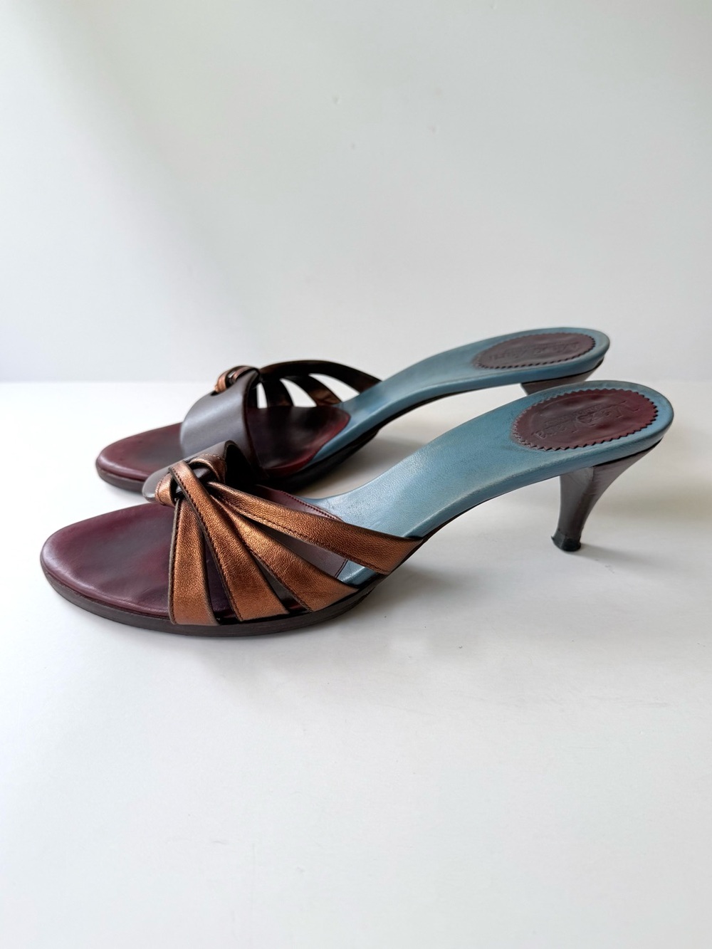 Vintage MaxMara Metallic Copper Burgundy Red Blue Leather Low Heeled Sandals 38 - Picture 4 of 12